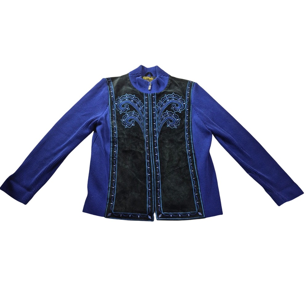 Bob Mackie Wearable Art Leather Jacket Womens Medium Blue Suede Embroidered Boho
